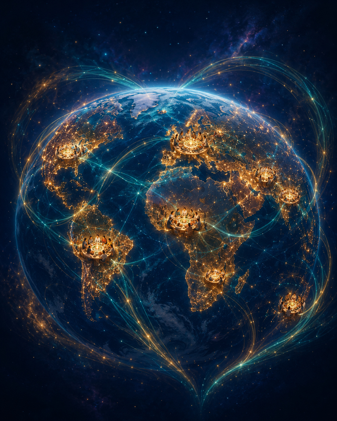 Glowing community tables connected across the world